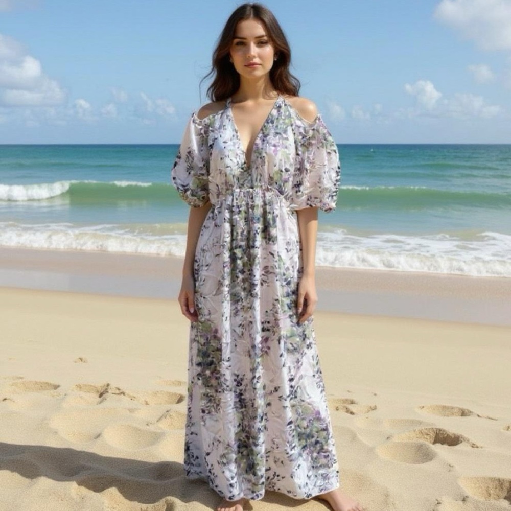 Love Stitch Floral High Slit Cold Shoulder Dress